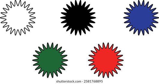Set of starburst shapes in various styles and designs, including wavy, spiked, and circular patterns, ideal for creative projects and graphic design with transparent background."