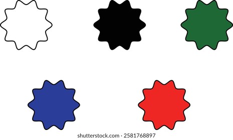 Set of starburst shapes in various styles and designs, including wavy, spiked, and circular patterns, ideal for creative projects and graphic design with transparent background."