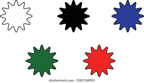 Set of starburst shapes in various styles and designs, including wavy, spiked, and circular patterns, ideal for creative projects and graphic design with transparent background."