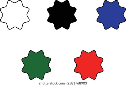 Set of starburst shapes in various styles and designs, including wavy, spiked, and circular patterns, ideal for creative projects and graphic design with transparent background."