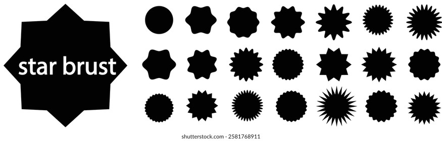 Set of starburst shapes in various styles and designs, including wavy, spiked, and circular patterns, ideal for creative projects and graphic design with transparent background."