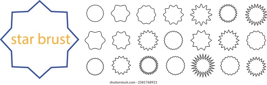 Set of starburst shapes in various styles and designs, including wavy, spiked, and circular patterns, ideal for creative projects and graphic design with transparent background."