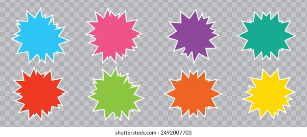 Set of starburst sticker, sale badge, price tag, shopping labels. Empty retro color starburst emblems, callouts, sunburst symbols. Promo tags, special offer design elements of flower, ribbon, corner