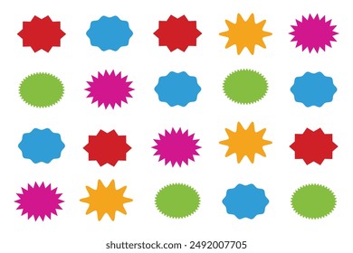 Set of starburst sticker, sale badge, price tag, shopping labels. Empty retro color starburst emblems, callouts, sunburst symbols. Promo tags, special offer design elements of flower, ribbon, corner