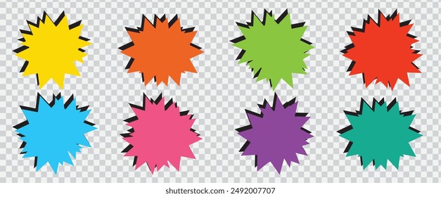 Set of starburst sticker, sale badge, price tag, shopping labels. Empty retro color starburst emblems, callouts, sunburst symbols. Promo tags, special offer design elements of flower, ribbon, corner