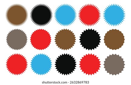 Set of starburst sticker, sale badge, price tag, shopping labels. Empty retro color starburst emblems, callouts, sunburst symbols. Promo tags, special offer design elements of flower, ribbon, corner. 