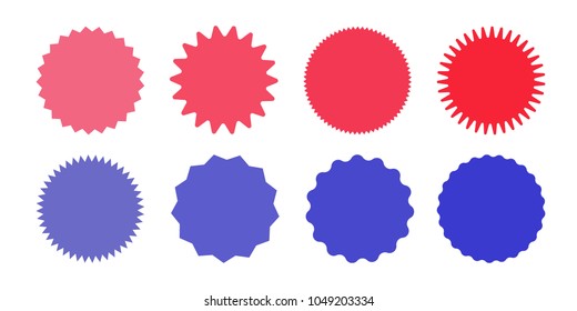 Set of starburst, sunburst, badge shapes. Red and blue vector icons on white background.