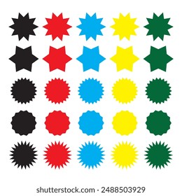 Set of starburst, sunburst badges. Different color. Simple flat style Vintage labels. Design elements. Colored stickers. A collection of different types and colors icon. eps 10