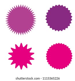 Set of starburst, sunburst badges, labels, stickers. Different shades of pink, violet, purple color. Simple flat style. Design elements. A collection of different types icon. Vector illustration