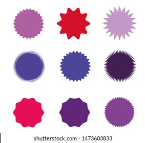 Set of starburst, sunburst badges, labels, stickers. Different shades of purple, red, lilac color. Simple flat style. Vintage, retro. A collection of different types icon. Vector illustration
