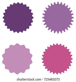 Set of starburst, sunburst badges, labels, stickers. Purple, lilac, pink color. Simple flat style. Vintage, retro. Design elements. A collection of different types icon. Vector illustration