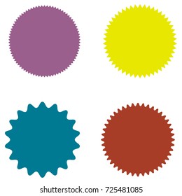 Set of starburst, sunburst badges, labels, stickers. Purple, blue, yellow, bordo color. Simple flat style. Vintage, retro. Design elements. A collection of different types icon. Vector illustration