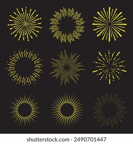 Set of starburst, sunburst design elements. Radial, radiating, converging lines.