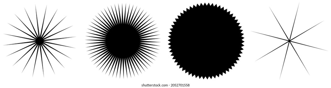 Set of starburst, sunburst shapes. Abstract glitter, glimmer, flash shapes, elements. Radial, radiating clip-art