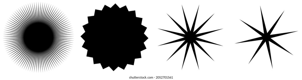 Set of starburst, sunburst shapes. Abstract glitter, glimmer, flash shapes, elements. Radial, radiating clip-art