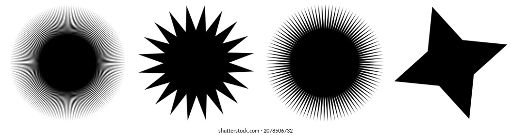 Set of starburst, sunburst shapes. Abstract glitter, glimmer, flash shapes, elements. Radial, radiating clip-art