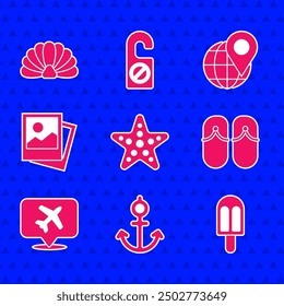 Set Starfish, Anchor, Ice cream, Flip flops, Speech bubble with airplane, Photo, Location on the globe and Scallop sea shell icon. Vector