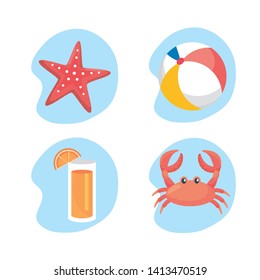 set of starfish with beach ball and juice beverage with crab