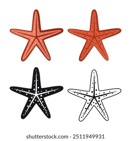 Set es una estrella de mar. Estrella de mar de colores, contorno y silueta. Vida marina. Ilustración vectorial aislada en un fondo blanco para el diseño y el Web.