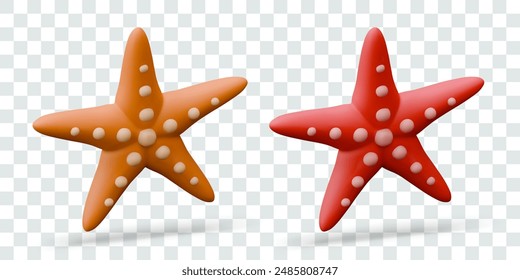 Set of starfish of different colors. Isolated realistic models in floating position