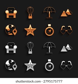 Set Starfish, Egypt pyramids, Heart shaped love glasses, Compass, Location on the globe, Sun protective umbrella, Armchair and Hot balloon icon. Vector