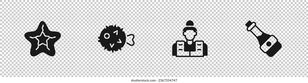 Set Starfish, Fish hedgehog, Fisherman and Soy sauce bottle icon. Vector