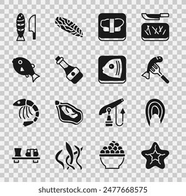 Set Starfish, Fish steak, Served on plate, Sushi cutting board, Soy sauce bottle, Tropical, with sliced pieces and head icon. Vector