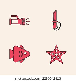 Set Starfish, Flashlight, Knife and Fish icon. Vector