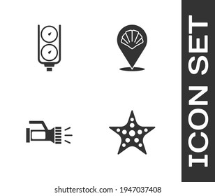 Set Starfish, Gauge scale, Flashlight and Scallop sea shell icon. Vector