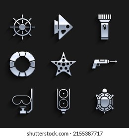 Fijar Starfish, Escala de indicadores, Tortuga, Arpón de pesca, Máscara de buceo y tubo, Lifebuoy, Luces y el icono del volante del buque. Vector
