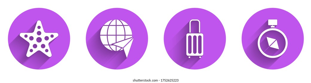 Set Starfish, Globe with flying plane, Suitcase and Compass icon with long shadow. Vector