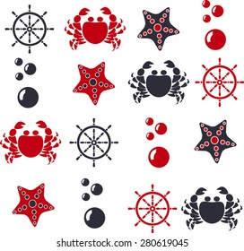 set of starfish, helm, crab and water bubbles