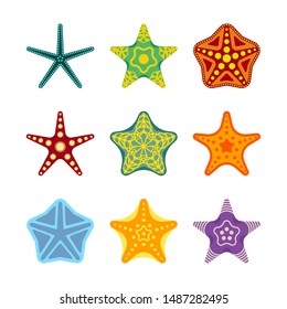 Set of starfish isolated on a white background. Collection of marine icons. Elements for your design works. Different types of sea stars. Flat style vector illustration.