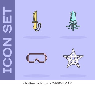 Set Starfish, Knife, Diving mask and Octopus icon. Vector