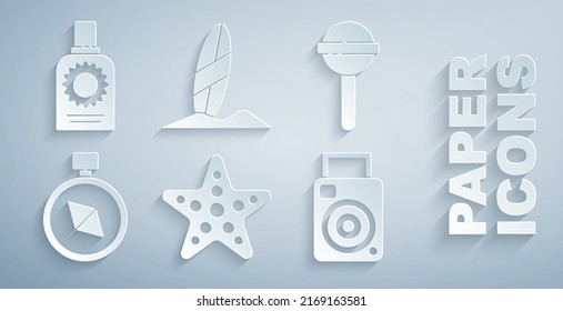 Set Starfish, Lollipop, Compass, Photo camera, Surfboard and Sunscreen spray bottle icon. Vector