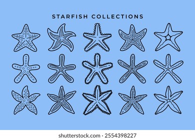 set of starfish mollusc line art illustration vector. doodle starfish coral hand drawn illustration collection. element design of sea starfish engraved for kids decoration and merchandise