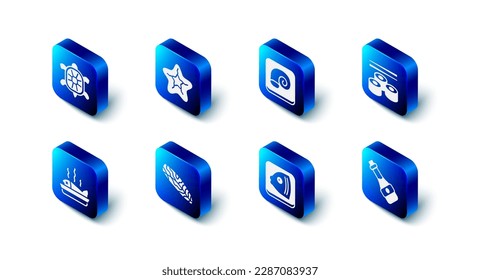 Set Starfish, Octopus on plate, Sushi, Soy sauce bottle, Fish head, steak, Served and Turtle icon. Vector