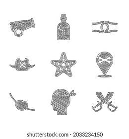 Set Starfish, Pirate captain, Crossed pirate swords, Location, eye patch, hat, Rope tied knot and Cannon icon. Vector