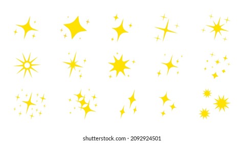 Set of star-like particles into sparkling fireworks in the sky. Suitable for social media feed design purposes, new year. Bright yellow color.