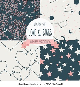 set of starry and lovely seamless backgrounds, vector illustration