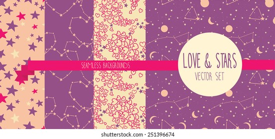 set of starry and lovely seamless backgrounds, vector illustration