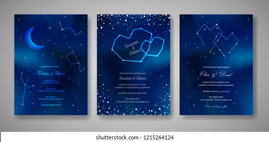 Set of Starry Night Wedding Invitation Cards, Save the Date Celestial Template of Galaxy, Space, Stars, trendy Sky Illustration in vector