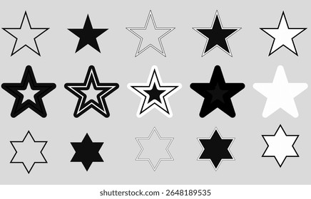 set of stars. Black and white five-point and six-point star icon set in outline, silhouette,filled, and layered styles. Perfect for badges, design, rating, decoration, symbols, and vector elements.