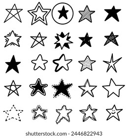 set of stars, black and white hand drawn