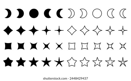 Conjunto de estrellas, parpadeos y fases lunares Formas. diseño y2k Elementos gráficos. Ilustración vectorial en el contorno y el diseño audaz