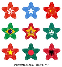 The set of stars with Brazil, Spain, China, Macau, Vietnam, Bangladesh, Albania, Hong Kong, Somalia flag colors and symbols