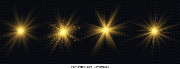 Set of stars with brilliance. A flash of sun with rays and spotlight. Yellow glowing lights and stars. Special effect isolated on transparent background. Vector illustration, EPS 10.