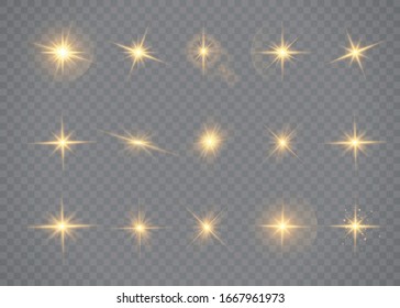 Set of stars with brilliance. Yellow glowing lights and stars. A flash of sun with rays and spotlight. Special effect isolated on transparent background. Vector illustration, EPS 10.