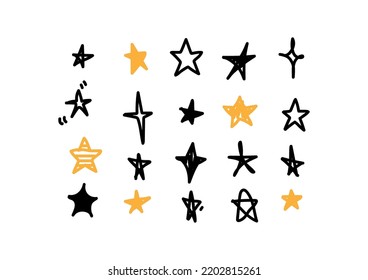 Set of stars in cartoon hand-drawn style on white background. Vector illustration.