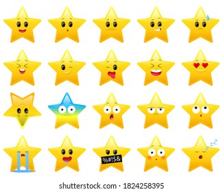 Set of stars character with different emotionson white background. Isolated design for children, icon. Yellow star icons. Vector illustration